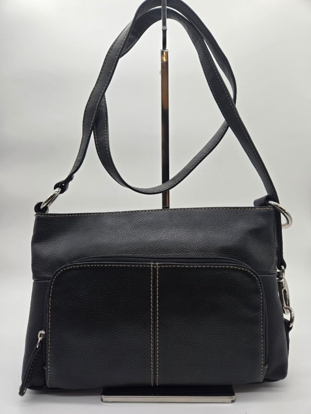 Tignanello Black Leather All In One Crossbody Wallet Purse Slim Organizer EUC